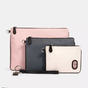 COACH NEW Trio Colorblock Nylon Pink Gray White Letter C Wristlet Purse